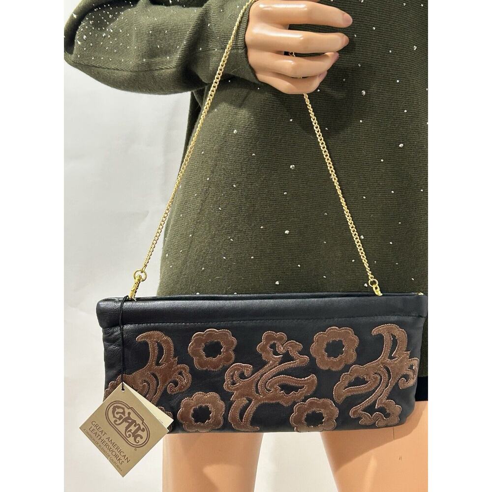 Vintage NWT Great American Leatherworks Black Bronze Leather Clutch Bag Purse